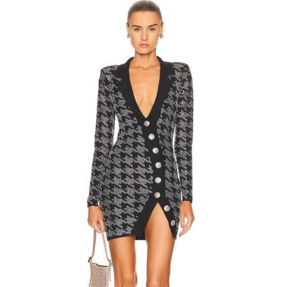 Retrofete Dresses & Skirts - NWT Retrofete Mimi Crystal Houndstooth Knit Mini Dress Black Silver Size Medium